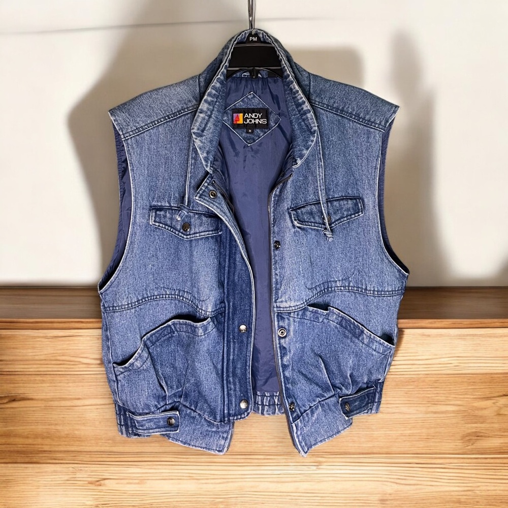 Andy Johns Denim Vest Mens Medium Utility Multi Pocket Sleeveless Shacket Retro